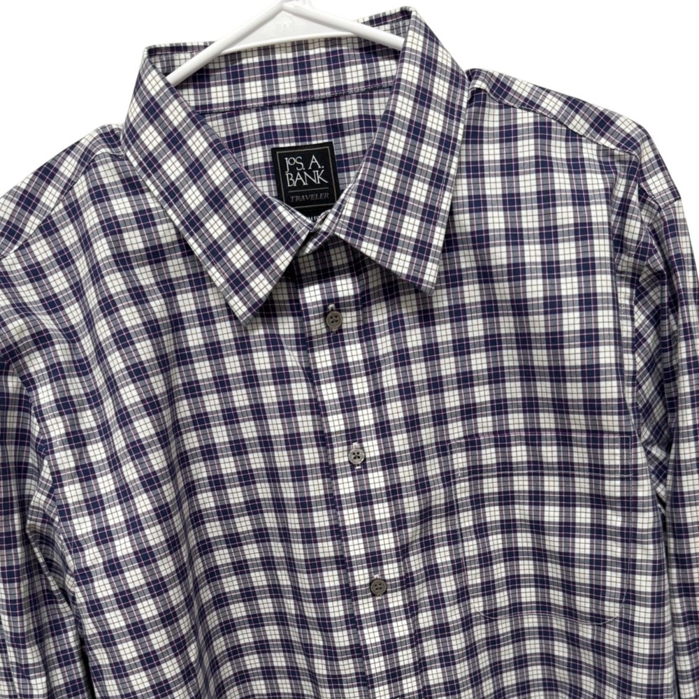 Jos A Bank Traveler Mens XL Slim Fit Plaid Button Down Shirt Navy White Cotton - Picture 1 of 7